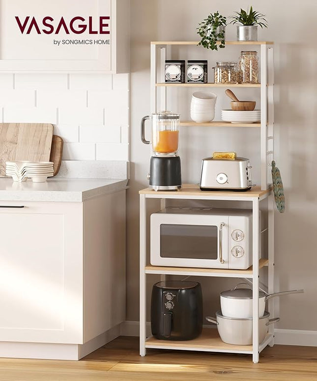 VASAGLE Coffee Bar, 23.6 Inches Baker's Rack for Kitchen with Storage, 6-Tier Kitchen Shelves with 6 Hooks, Microwave Stand, Modern, Golden Oak and Cloud White UKKS024W09