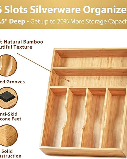 Umilife Kitchen Drawer Organizer, 12 Inch Silverware Utensil Tray Holder, Extra Deep, with Non-Slip Feet & Grooved Drawer Divider, 6 Slots Total Bamboo Wood Caddy for Flatware Cutlery Knives