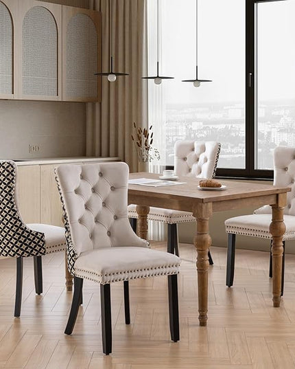 SoarFlash Velvet Dining Chairs Set of 4, Tall Back Side Chair, Modern Upholstered Side Chair with Button Back Ring, Solid Wood Legs (White&Plaid)