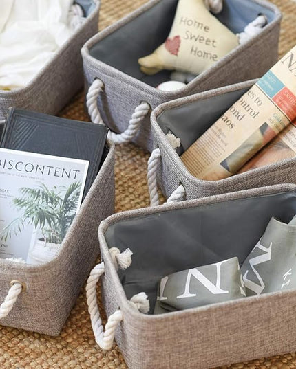 TheWarmHome Foldable Small Storage Baskets with Strong Cotton Rope Handles [6-Pack] Gray Collapsible Storage Bins Set Works Room Storage, Nursery Baskets