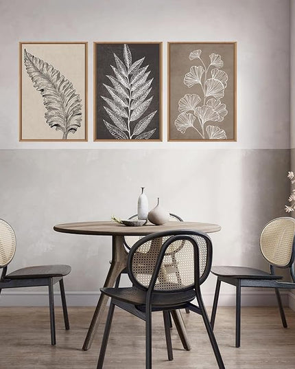 HOURIA Abstract Boho Fern Leaf Floral Framed Canvas Wall Art Set,Vintage Botanical Leaves Wildflower Decor,Modern Minimalist Nature Inspired Beige & Brown Artwork for Living Room,Farmhouse-24 x36 x3
