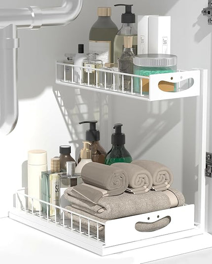 Under Sink Organizer with Pull-Out Drawers,Kitchen Sink Organizer,2 Tier Bathroom Organizers And Storage,Bathroom Accessories Set,White 1 Pack