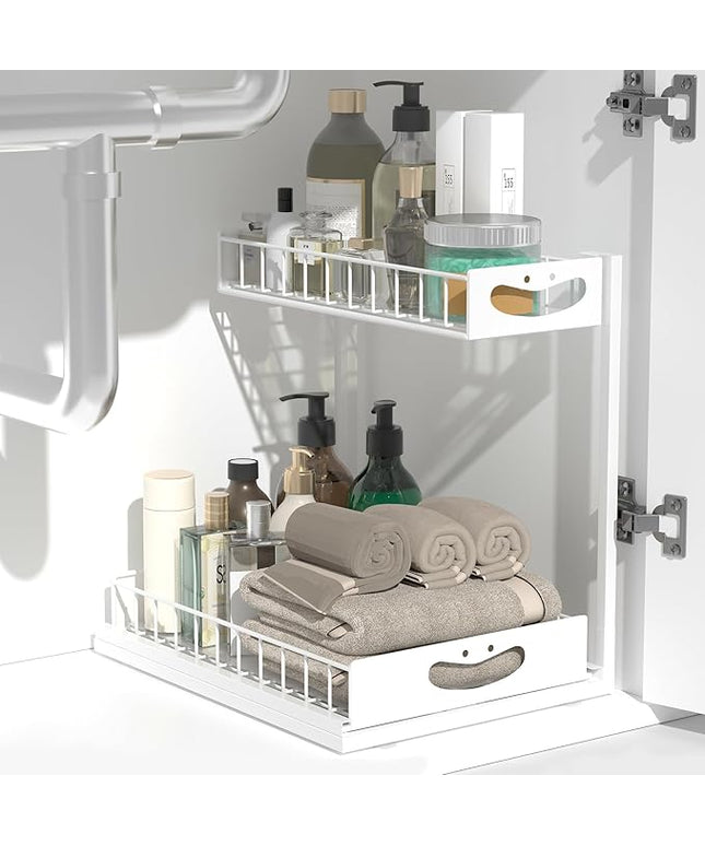 Under Sink Organizer with Pull-Out Drawers,Kitchen Sink Organizer,2 Tier Bathroom Organizers And Storage,Bathroom Accessories Set,White 1 Pack