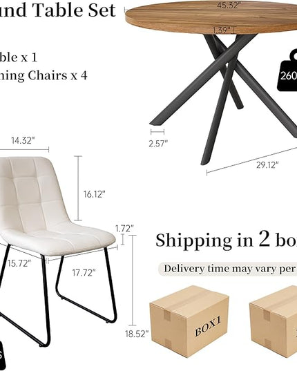 45.3 Inch Round Dining Table Set for 4, Mid Century Modern Small Coffee Set for Dining Room Kitchen Apartment (Light Walnut + 4 U-Shaped White Chairs)
