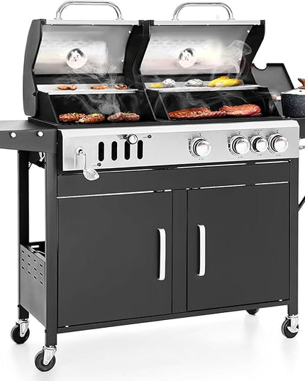 Sophia & William Charcoal and Propane Gas Grill Combo with Side Burner & Porcelain-Enameled Cast Iron Grate, Dual Fuel BBQ Grill for Outdoor, Barbecue Grill, 690 SQIN Cooking Area