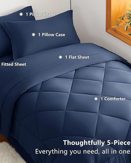 CozyLux Twin Comforter Set with Sheets Navy Blue - 5 Pieces Bed in a Bag Twin, All Season Bed Set for Girls and Boys, Bedding Set with Down Alternative Comforter, Sheets, Pillowcase & Sham