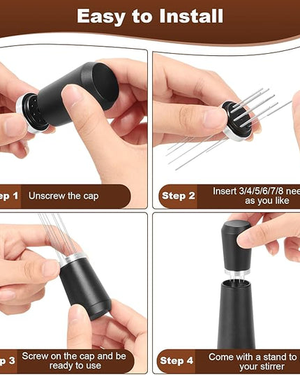 WDT Espresso Distribution Tool, 0.35mm 8 Needle Coffee Stirrer with 8 Extra Needles, 304 Stainless Steel, Aluminum Alloy Handle with Stand, Barista Espresso Whisk Tool (Metal Black)