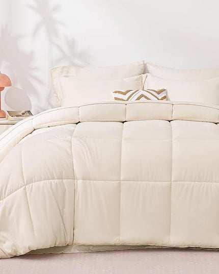 Love's cabin Queen Comforter Set Beige, 7 Pieces Queen Bed in a Bag, All Season Bedding Sets with 1 Comforter, 1 Flat Sheet, 1 Fitted Sheet, 2 Pillowcase and 2 Pillow Sham