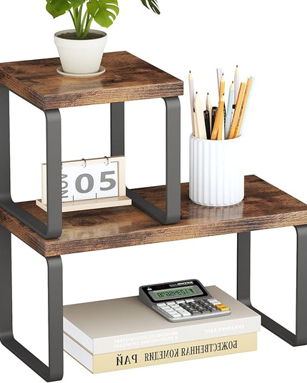 Homeiju Wooden Desktop Organizer Shelf, 2-Tier Adjustable Freestanding Bookshelf Desk Shelf, Stackable Desk Organizer for Office, Dorm, Bedroom, Space Saving, Easy Assembly, Rustic Brown (1 Pack)