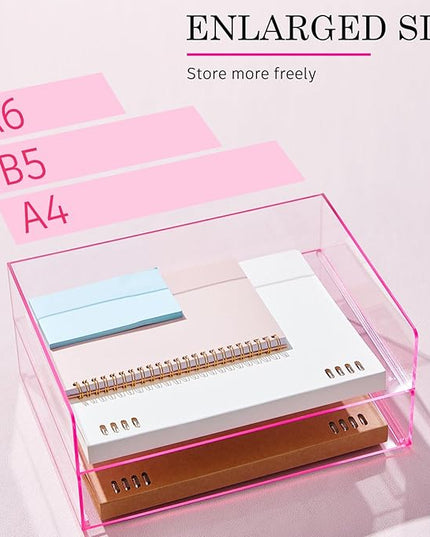 Harloon 4 Tier Acrylic Paper Tray 12.4 x 8.7 x 2.7 Inches Stackable Letter Clear Organizer No Need to Assemble Acrylic Paper Organizer File Tray for Office Workspace Desktop Storage(Transparent Pink)
