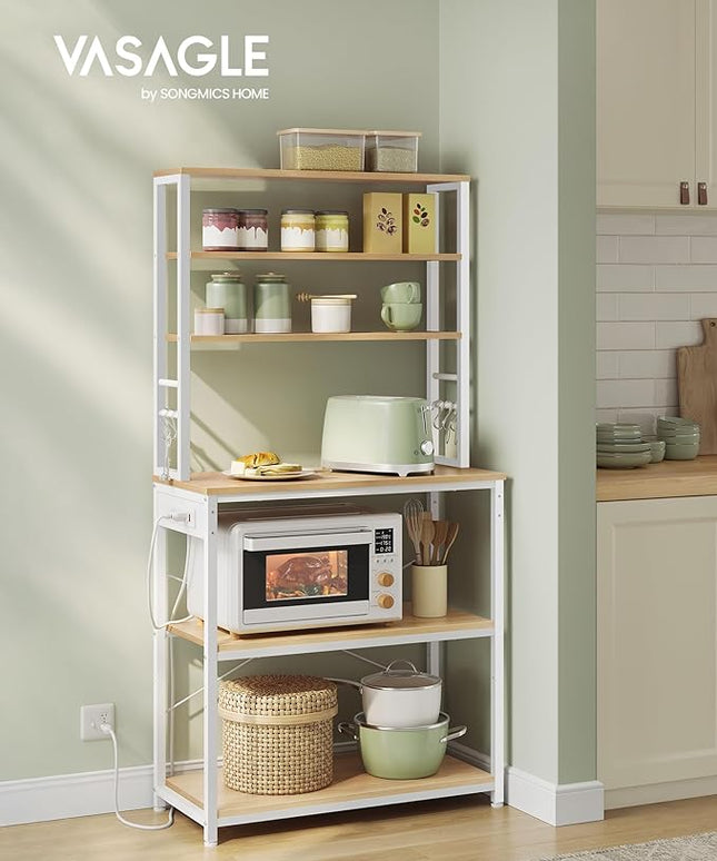 VASAGLE Bakers Rack with Power Outlet, 31.5 Inches Coffee Bar for Kitchen with Storage, 6-Tier Kitchen Shelves with 6 Hooks, Microwave Stand, Modern, Golden Oak and Cloud White UKKS119Y01