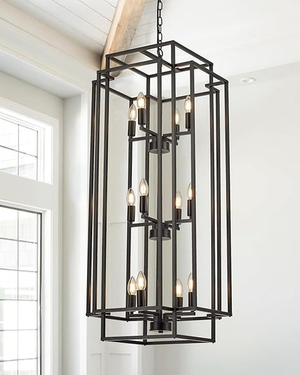 12-Light Lantern Tiered Pendant Light Fixtures, Black Metal Farmhouse Chandelier Hall Foyer Hanging Chandelier for Kitchen Island Dining Room Living Room Foyer Entryway, Black