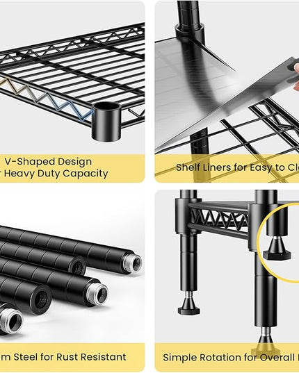 72" H Storage Shelves 5 Tier Wire Shelving with Shelf Liners, Adjustable Metal Garage Shelving, 1325LBS Heavy Duty Commercial Storage Rack for Pantry Kitchen, 35" W x 16" D x 72" H, Black