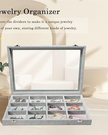 Stratalife Jewelry Holder Organizer Jewelry Organizer Box Bracelet Storage Velvet Jewelry Tray with Clear Lid Jewelry Drawer Organizer Jewelry Display Tray 12 Grid Grey