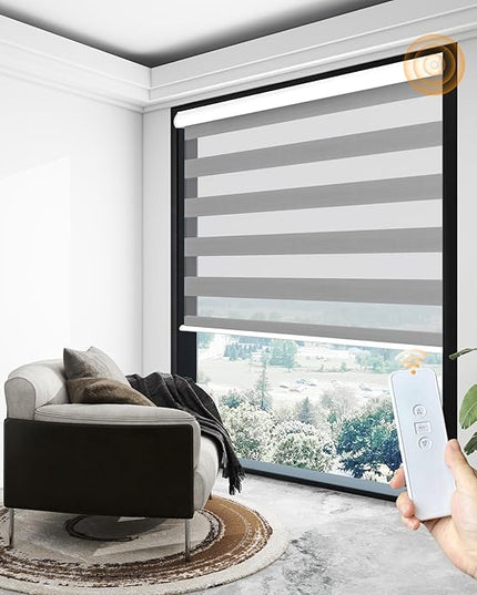 Motorized Zebra Blinds with Remote Blackout Cordless Zebra Shade Smart Home Electric Curtains for Windows and Privacy Light Filtering Roller Shades, Easy to Install, 30" W x 72" H, Grey