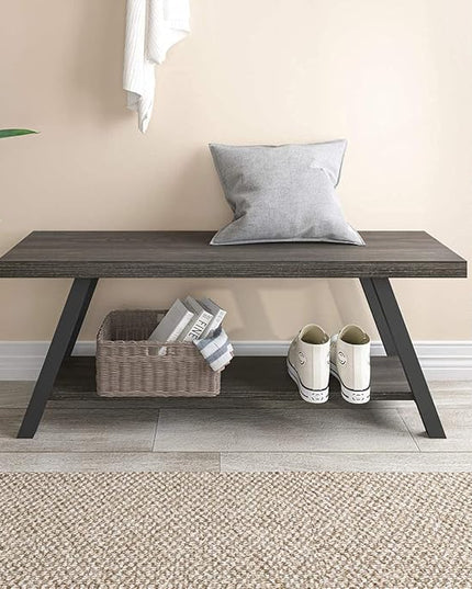 LVB Storage Bench, Industrial Indoor Entryway Bench, Wood Metal Hallway Accent Bench for Sitting, Rustic Shoe Rack Organizer Cabinet in Foyer Bedroom Living Room, Dark Gray Oak, 47 Inch Long