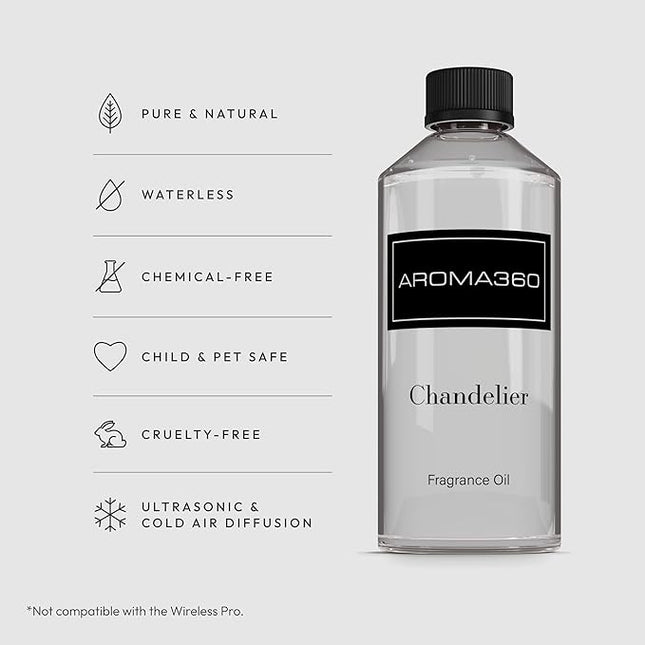 Aroma360 - Chandelier Fragrance Oil Blend | Hotel Inspired for Luxury Essential Oil Diffusers | Aromatherapy Scent Diffuser Oil | Bergamot, Woodsy Sandalwood, and Flirtatious Saffron - 500ML