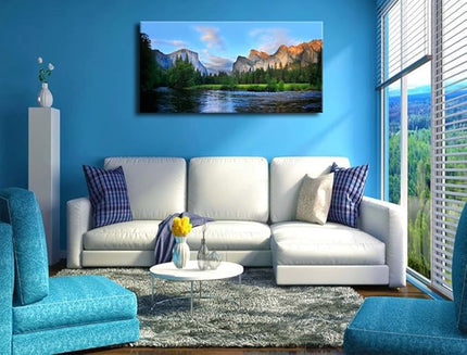 Canvas Wall Art Panorama of Yosemite Valley Painting Canvas Artwork Lake Mountain National Park Nature Pictures Framed Wall Art for Living Room Bedroom Office Wall Decor Home Decoration 20" x 40"
