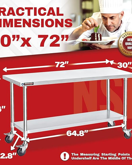 DuraSteel 30x72 NSF Stainless Steel Cart - Heavy Duty Food Prep Table with Undershelf - Rolling Kitchen Island on Wheels for Commercial Restaurant Kitchen, Garage, Outdoor Cooking, BBQ Grill, Counter