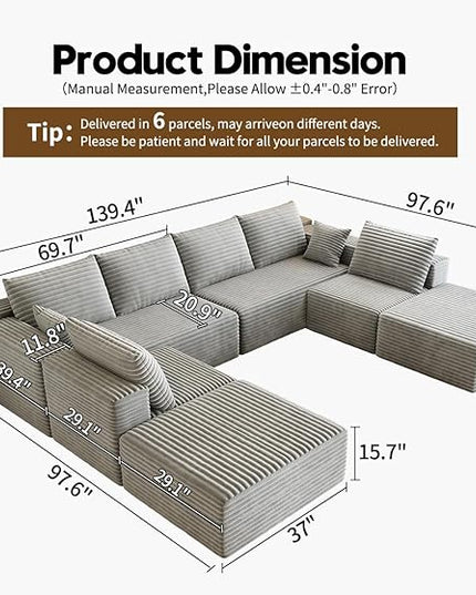 139.4" Modular Sectional Sofa Couch, Oversized U-Shaped Minimalist Couches with 2 Ottomans Chaise and 2 Middle Seats, Modern Deep Seat Cloud Plush Corduroy Sofas Set for Living Room, 8 Seater, Grey