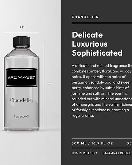 Aroma360 - Chandelier Fragrance Oil Blend | Hotel Inspired for Luxury Essential Oil Diffusers | Aromatherapy Scent Diffuser Oil | Bergamot, Woodsy Sandalwood, and Flirtatious Saffron - 500ML