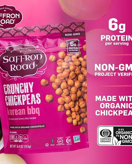 Saffron Road Roasted Korean BBQ Crunchy Chickpeas | High-Protein, Vegan, Gluten-Free, Non-GMO, Halal & Kosher Certified Snack | 5.4 oz Resealable Pouch | Pack of 6