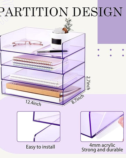 Harloon 4 Tier Acrylic Paper Tray 12.4 x 8.7 x 2.7 Inches Stackable Letter Clear Organizer No Need to Assemble Acrylic Paper File Organizer for Office Workspace Desktop Storage (Transparent Purple)