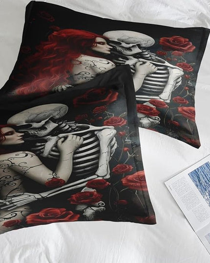 Comforter Set King Size, Death Skeleton Black 7 Pcs Bedding for Kids and Adults, Lover Rose Bed Sheet Sets with Fitted Sheet 2 Pillowcases & 2 Shams for Bedroom Bed Decor