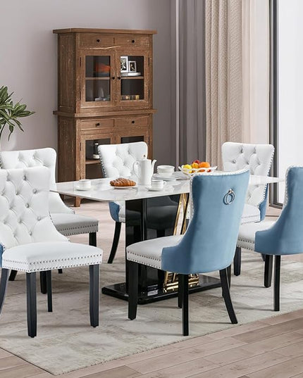 SoarFlash Leather Dining Chairs Set of 4, Tall Back Side Chair, Modern Upholstered Side Chair with Button Back Ring, Solid Wood Legs (White&Blue)