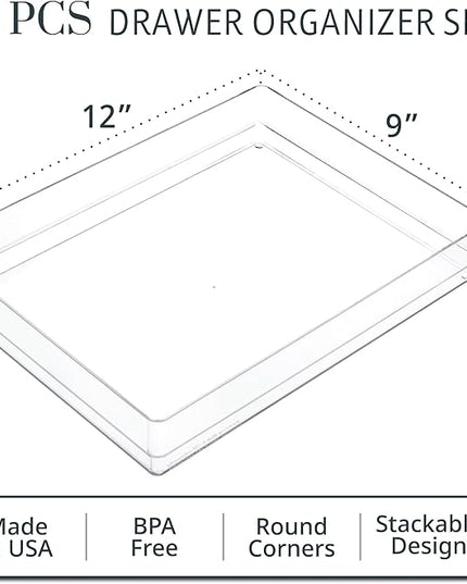 STORi SimpleSort 2-Piece Stackable Clear Drawer Organizer Set | 12" x 9" x 2" Rectangle Trays | Wide Makeup Vanity Storage Bins and Office Desk Drawer Dividers | Made in USA
