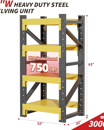 32" W Garage Shelving,4-Tier Heavy Duty Storage Shelves Unit with Adjustable Metal Shelf for Warehouse,Basement,Workshop,3000LBS,32" W x 20" D x 63" H,Black&Yellow