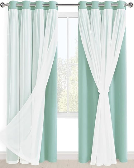 Hiasan Aqua Blackout Curtains with Sheer 84 Inches Long, Thermal Insulated Mix Match Double Layer Room Darkening Curtains for Bedroom, Living Room, 2 Window Drape Panels with Tiebacks, 52W X 84L