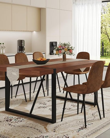FURNITO Walnut Dining Table Set for 6, 71" Wood Kitchen Table Set with 6 Suede Nap Fabric Chairs, Modern Rectangular Dining Room Table and Chairs Set for Home, Kitchen, or Living Room