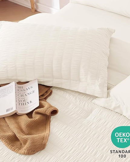 MUXHOMO 7 Pieces Queen Comforter Set, Seersucker Bed in a Bag Queen Size, All Season Luxury Bedding Set with Comforter, Flat Sheet, Fitted Sheet, Pillowcases & Shams, Ivory