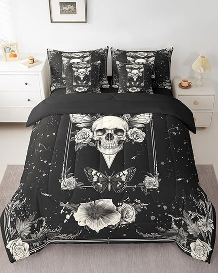 Feelyou Death Moth Kids Comforter Set 7 Pieces, Gothic Skull Skeleton Bedding Queen with 1 Comforter,1 Fitted Sheet,1 Flat Sheet,2 Pillowcases,2 Throw Pillow Cover,Boho Flower Bed Set for Boys Girl