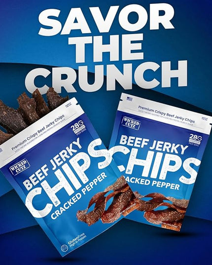 Wicked Cutz Jerky Chips Variety Pack, Up to 28g Protein Per Bag, Cracked Pepper, Teriyaki, Roasted Red Pepper, & Korean BBQ Flavored Beef Jerky Crisps, USA Made High Protein Carnivore Snacks (4 Bags)