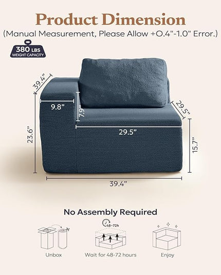 40" Single Sofa for Adults, Upholstered Floor Sofa Couch with Pillow, Teddy Boucle Sofa for Bedroom Living Room, No Assembly Required (Teddy Boucle, Blue)