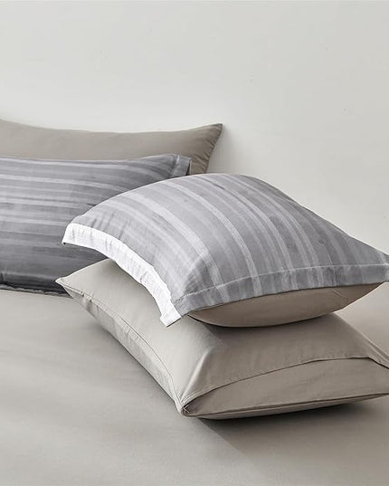 KAKIJUMN 5 Piece Bed in a Bag Stripe Comforter Set Twin Size, White Grey Patchwork Striped Comforter and Sheet Set, All Season Soft Microfiber Complete Bedding Set(Light Grey,Twin)