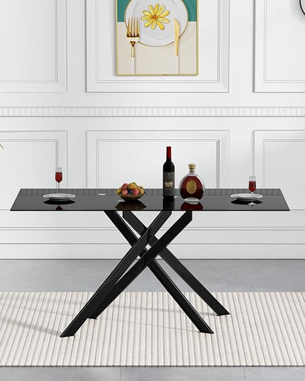 HomVent 7 Pieces Rectangular Glass Dining Table Table Set, Black Glass Dining Table Set for 6 Kitchen Table Set with 6 PU Dining Chairs for Kitchen Dining Room (Black3-Table with 6 White Chairs)