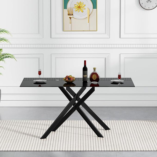 HomVent 5 Pieces Rectangular Glass Dining Table Set, Black Glass Dinner Table for 4 Kitchen Table Set with 4 PU Dining Chairs for Kitchen