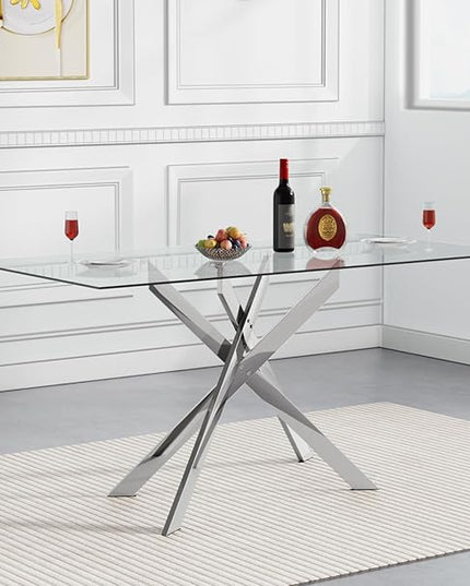 51" Rectangular Glass Dining Table Modern Kitchen Glass Top Table for 4 with Silver Metal Legs, Clear Dining Table Kitchen Table for Home Office Dining Room