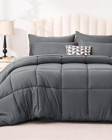 Love's cabin Full Comforter Set Soot Grey, 7 Pieces Full Bed in a Bag, All Season Bedding Sets with 1 Comforter, 1 Flat Sheet, 1 Fitted Sheet, 2 Pillowcase and 2 Pillow Sham