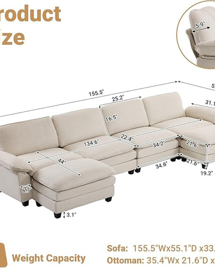 VINGLI 156" Cloud Couch, Comfy Modular Sectional Sofa Set for Living Room,U-Shaped Linen 4-Seat Convertible Loveseat Sofa with 2 Ottoman for Small Space.(Beige)