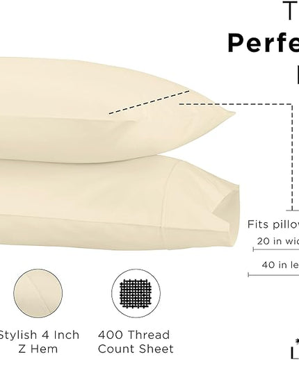 Linen Home 400 Thread Count King Pillowcase Set | 100% Long-Staple Cotton Pillow Cases | Soft & Smooth Luxury Satin Set of 2 Pillowcases | 4 Inch Z Hem | Ivory