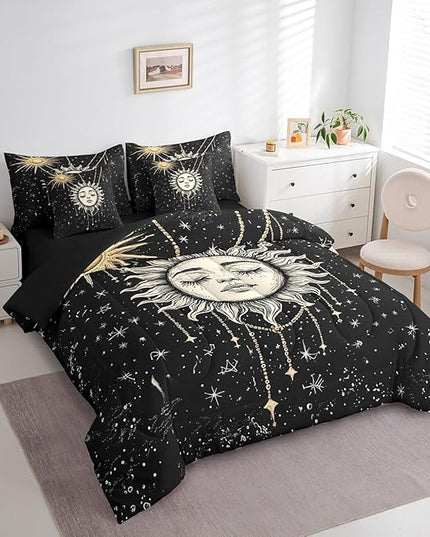Feelyou 7Pcs Boho Star Moon Sun Comforter Sets Full Size, Sun and Moon Decor Constellation Comforter Set Bed in a Bag(1 Comforter, 1 Flat Sheet 1 Fitted Sheet 2 Pillowcases and 2 Throw Pillow Covers)