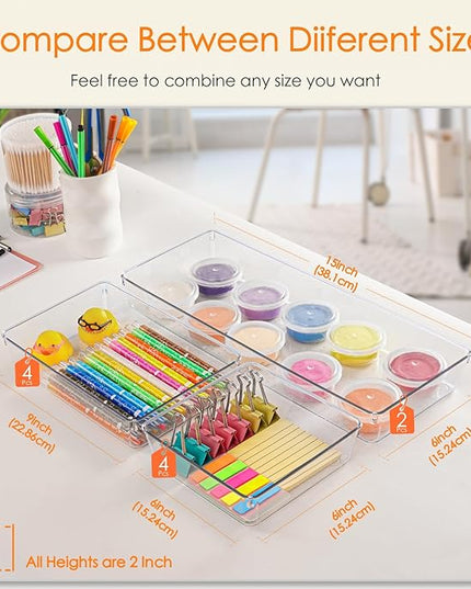 Criusia Drawer Organizer, 10 Pack Large Clear Plast Set, 3 Size Versatile Bathroom and Vanity Organizer Trays, Storage Bins for Makeup, Bedroom, Kitchen Utensils