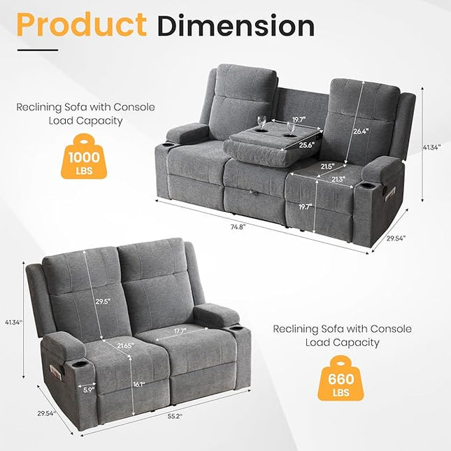 Manual Living Room Reclining Sofa Set, Comfy Chenille Loveseat Recliner Sofa & Deep Seat Reclining Couch, RV Wall Hugger Recliner Sofa Set for Living Room Furniture Sets(Gray)