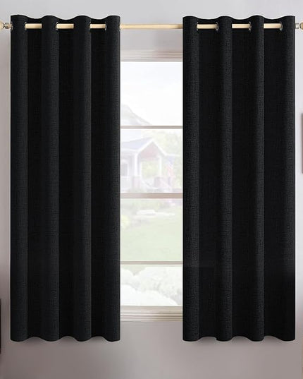 MIULEE Linen Texture Curtains for Bedroom Solid 100% Blackout Thermal Insulated Halloween Black Curtains Grommet Room Darkening Drapes for Living Room Nursery 52x54 Inch (2 Panels)