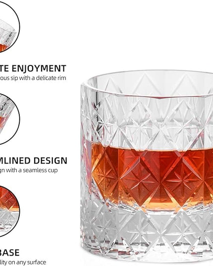 KAMMAK Crystal Whiskey Glass Set of 2, 7.44 oz (220ml) Old Fashioned Tumbler with Delicate Rim & Thick Stable Base, Hand Blown Lead-Free Barware for Scotch, Bourbon, Cocktail, 12-Facet