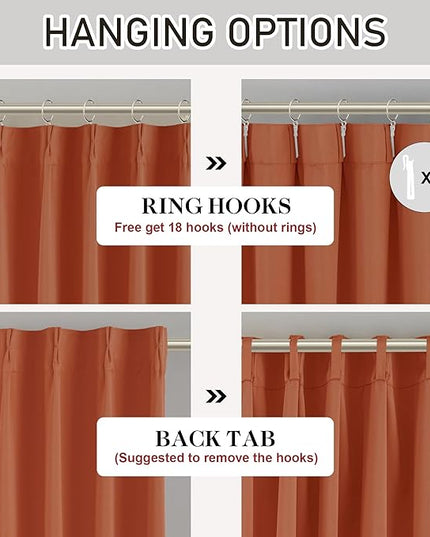 DONREN Burnt Orange 60 inch Wide Pinch Pleated Blackout Curtains with Hooks - 102 inch Length Room Darkening Thermal Insulated Window Curtain Panels for Patio Sliding Glass Door,Pack of 2